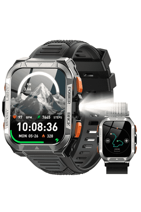 Smart Watch for Men with Bluetooth Calling, Rugged Military Smartwatch with Flashlight & GPS, Waterproof Fitness Tracker with Dual Straps for Android iPhone