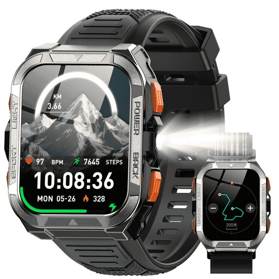 LUOMATE Smart Watch for Men with Bluetooth Calling, Rugged Military Smartwatch with Flashlight & GPS, Waterproof Fitness Tracker with Dual Straps for Android iPhone