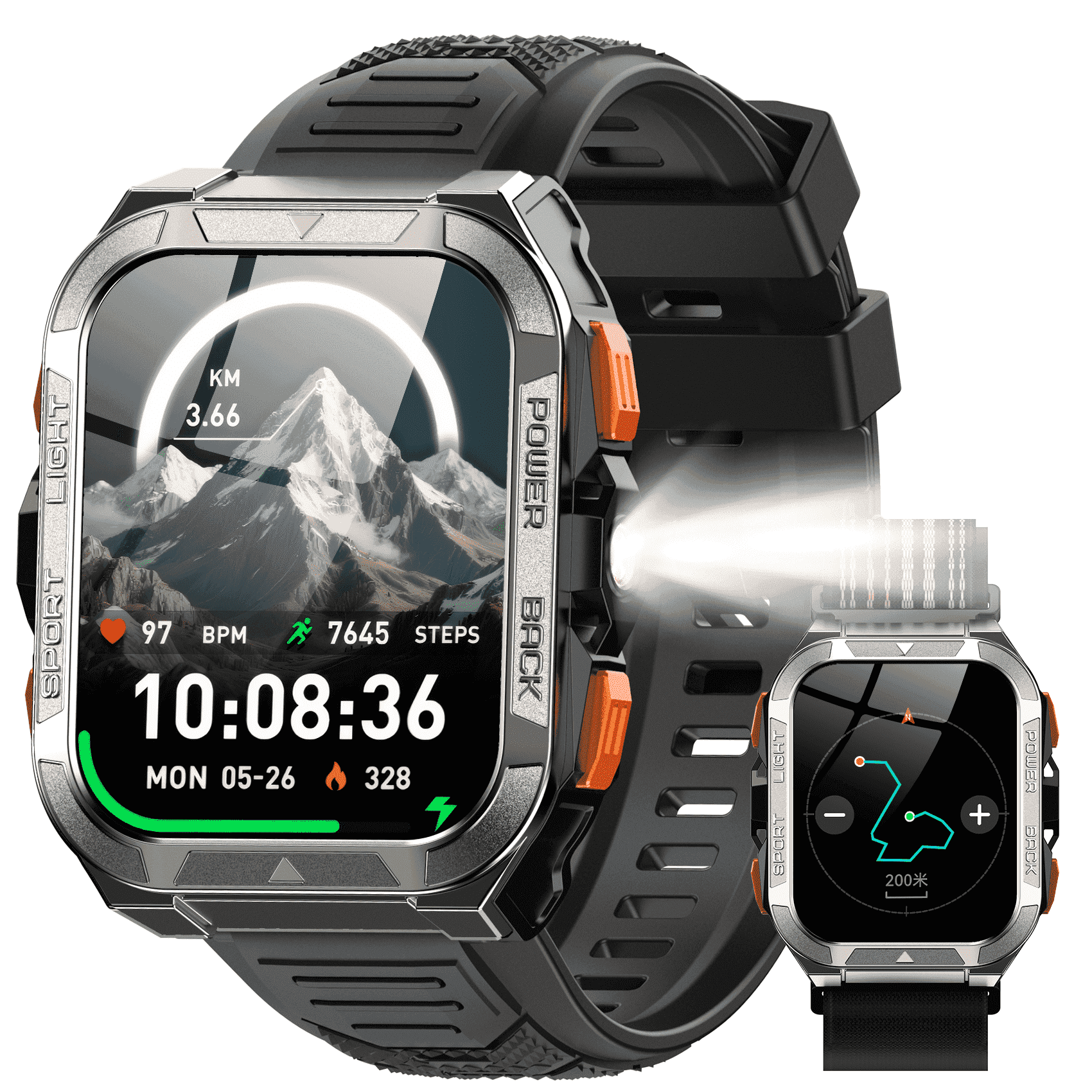 LUOMATE Smart Watch for Men with Bluetooth Calling, Rugged Military Smartwatch with Flashlight & GPS, Waterproof Fitness Tracker with Dual Straps for Android iPhone