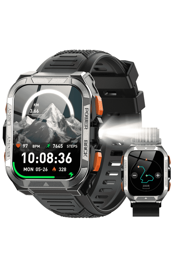 Smart Watch for Men with Bluetooth Calling, Rugged Military Smartwatch with Flashlight & GPS, Waterproof Fitness Tracker with Dual Straps for Android iPhone