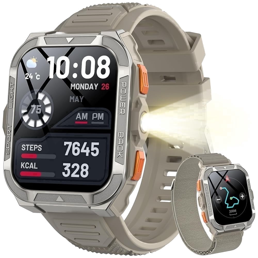LUOMATE Military Smart Watch for Men,1.91" Smartwatch for Android/IPhone,Answer/Make Calls,Fitness Tracker with 100+ Sport Modes and Flashlight,Waterproof(Khaki)