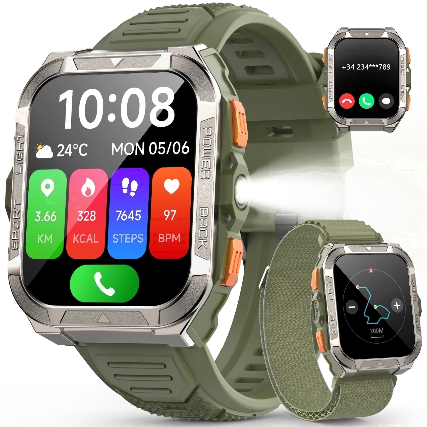 LUOMATE Military Smart Watch for Men,1.91" Smartwatch for Android/IPhone,Answer/Make Calls,Fitness Tracker with 100+ Sport Modes and Flashlight,Waterproof(Green)