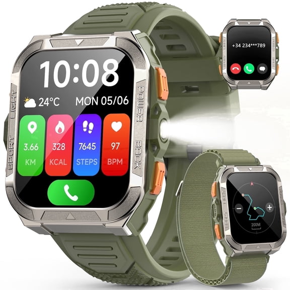 LUOMATE Military Smart Watch for Men,1.91" Smartwatch for Android/IPhone,Answer/Make Calls,Fitness Tracker with 100+ Sport Modes and Flashlight,Waterproof(Green)