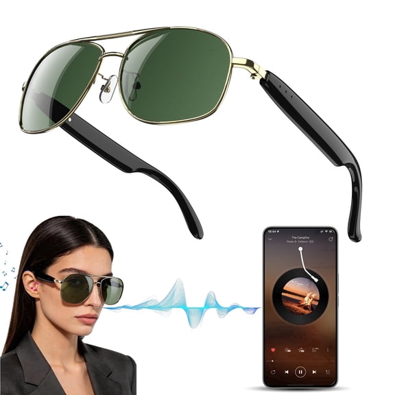 LUOMATE Smart Glasses with Bluetooth Audio, Sunglasses with Voice Assistant, Open Ear Speaker, LensTouch Control for Travel Work Business (Gold)