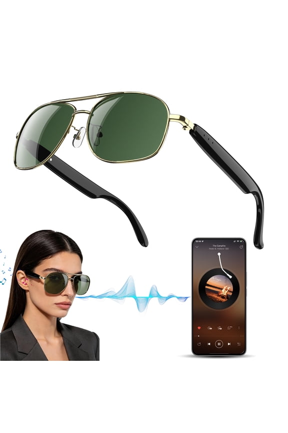 Smart Glasses with Bluetooth Audio, Sunglasses with Voice Assistant, Open Ear Speaker, LensTouch Control for Travel Work Business (Gold)