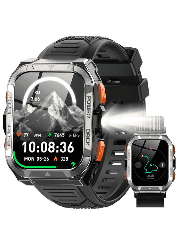 Smart Watch for Men with Bluetooth Calling, Rugged Military Smartwatch with Flashlight & GPS, Waterproof Fitness Tracker with Dual Straps for Android iPhone