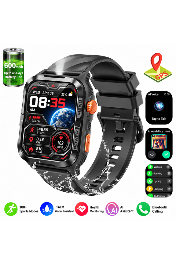 Smart Watch for Android iPhone, Bluetooth Calling Smartwatch for Men, AI-Generated Watch Faces, LED Flashlight, 600mAh Battery, GPS, Black
