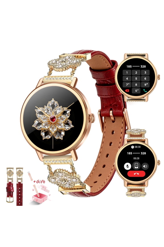 Smart Watch for Women with 2 Bands, Bluetooth Calling Fitness Tracker for Android iPhone, 1.26" HD Round Screen, Message Alerts, 100+ Sports Modes