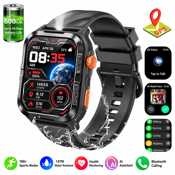 LUOMATE Smart Watch for Android iPhone, Bluetooth Calling Smartwatch for Men, AI-Generated Watch Faces, LED Flashlight, 600mAh Battery, GPS, Black