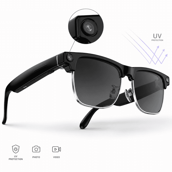 LUOMATE AI Smart Glasses with Camera for Men Women, Bluetooth Smart Sunglasses, Polarized Sunglass Lenses, HD Video, Calling, Translation, 16Gb Memory