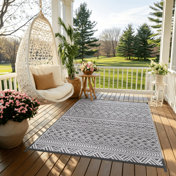 LUOVEN 4x6 Outdoor Rug Waterproof Reversible Plastic Straw Carpet for Patio, Deck, RV, Camping, Porch, Backyard, Boho Grey