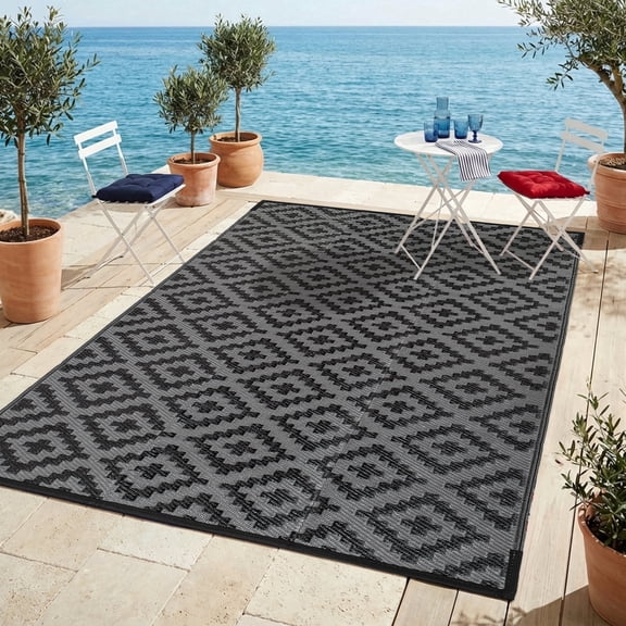 LUOVEN 4x6 Waterproof Outdoor Rug Reversible Plastic Straw Carpet for Deck, RV, Camping, Backyard, Porch, Garden, Black & Grey