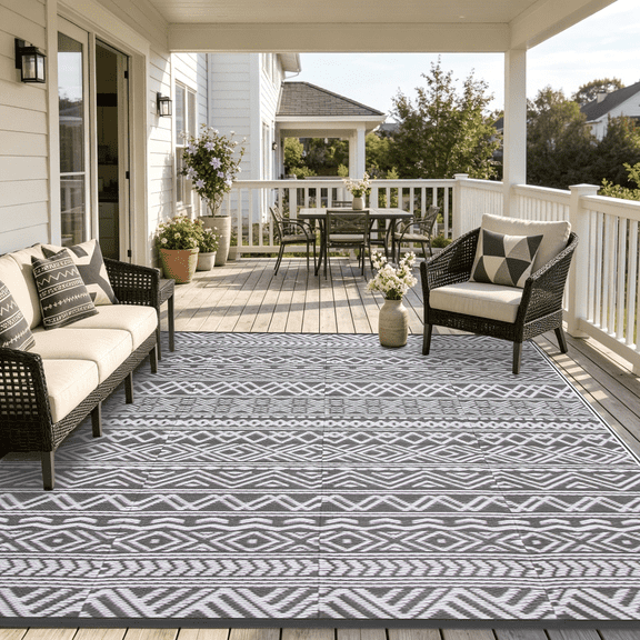 LUOVEN 5x8 Outdoor Rug Waterproof Reversible Plastic Straw Carpet for Patio, Deck, RV, Camping, Porch, Backyard, Boho Grey
