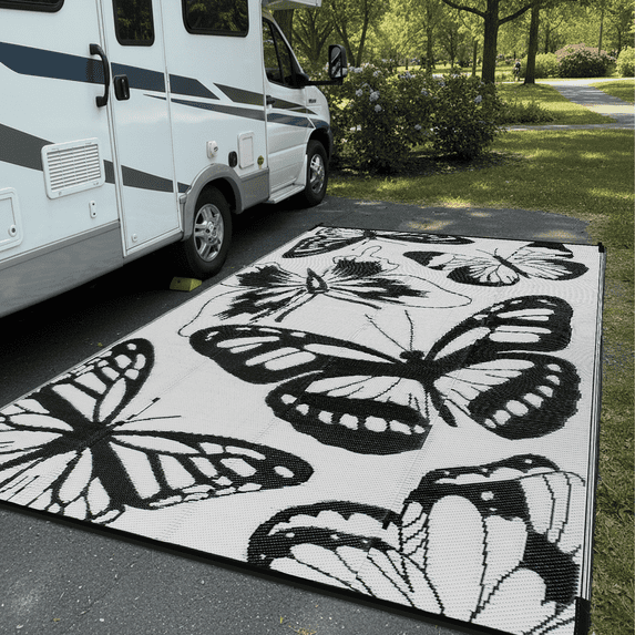 LUOVEN 8x10 Reversible Outdoor Waterproof Rug Plastic Straw Patio Mat for Backyard, Deck, RV, Camping, Porch, Black & White