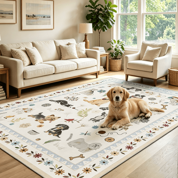 LUOVEN 8'x10' Dog Print Animal Area Rugs for Living Room, Non-Slip Stain Resistant Lightweight Boho Low-Pile Rug for Dining Room Office Bedroom (White)