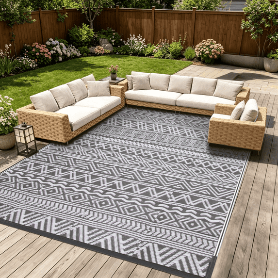 LUOVEN 9x12 Outdoor Rug Waterproof Reversible Plastic Straw Carpet for Patio, Deck, RV, Camping, Porch, Backyard, Boho Grey