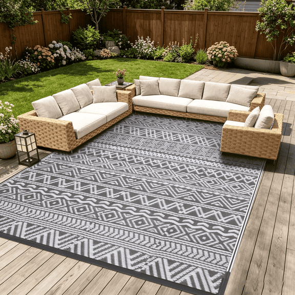 LUOVEN 9x12 Outdoor Rug Waterproof Reversible Plastic Straw Carpet for Patio, Deck, RV, Camping, Porch, Backyard, Boho Grey