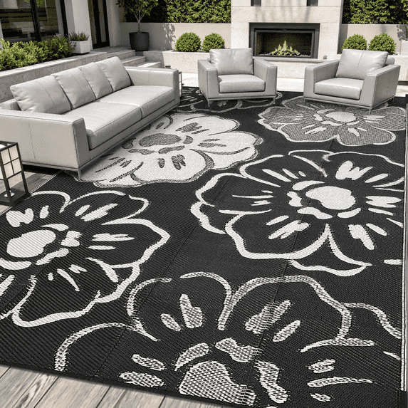 LUOVEN 9x12 Reversible Outdoor Waterproof Rug Plastic Straw Patio Mat for Backyard, Deck, RV, Camping, Porch, Black & White