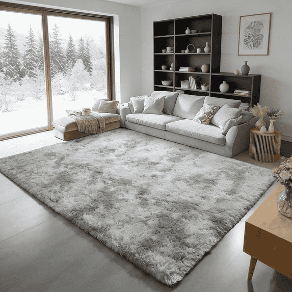 LUOVEN Fluffy Plush Shag Area Rug, 8*10 Soft Indoor Carpet for Bedroom Living Room Home Decor, Tie-Dye Light Gray