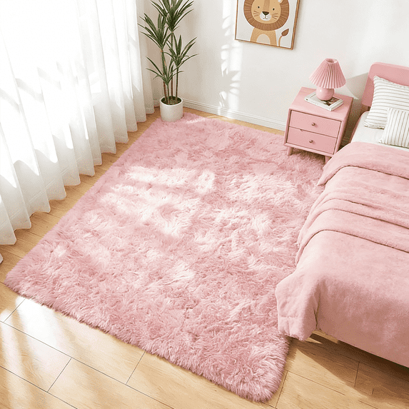 LUOVEN Fluffy Soft Shag Area Rug, 5*8 Modern Indoor Carpet for Bedroom Living Room Kids Room, Pink