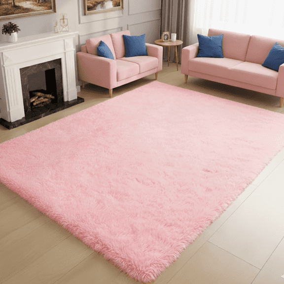 LUOVEN Fluffy Soft Shag Area Rug, 8*10 Modern Indoor Carpet for Bedroom Living Room Kids Room, Pink