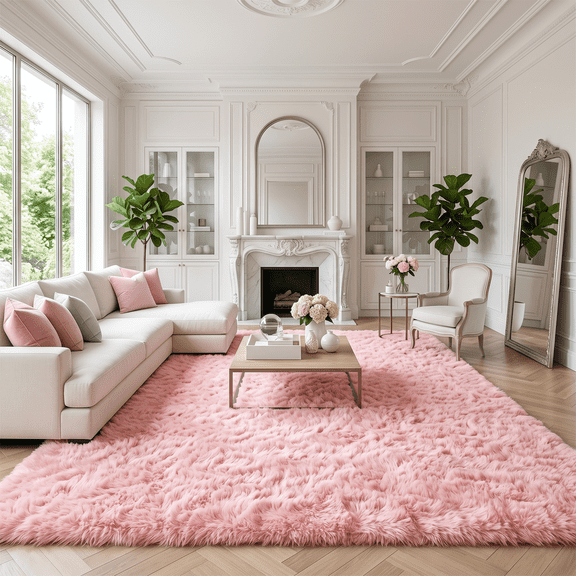 LUOVEN Fluffy Soft Shag Area Rug, 9*12 Modern Indoor Carpet for Bedroom Living Room Kids Room, Pink