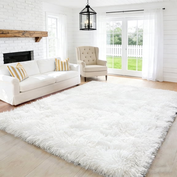 LUOVEN Soft Fluffy Shag Area Rug, 8*10 Indoor Plush Carpet for Living Room Bedroom Home Decor, White