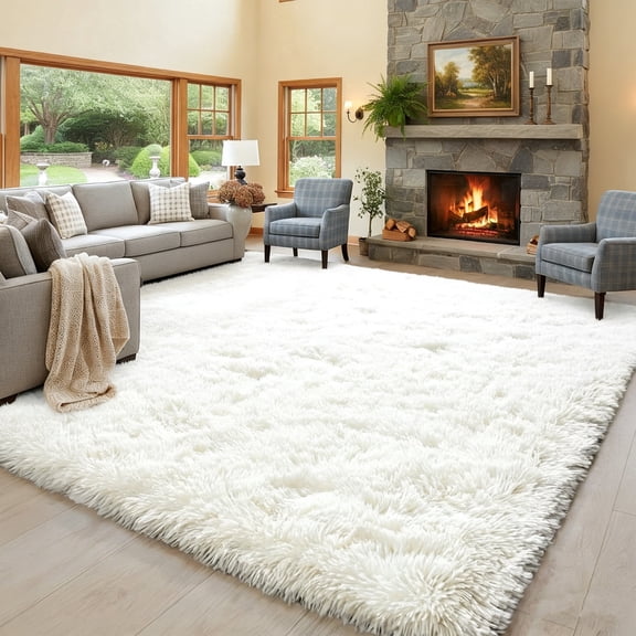 LUOVEN Soft Fluffy Shag Area Rug, 9*12 Indoor Plush Carpet for Living Room Bedroom Home Decor, White