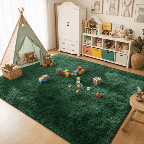 LUOVEN Soft Plush Shag Area Rug, 5*8 Fluffy Indoor Floor Carpet for Living Room Bedroom, Dark Green