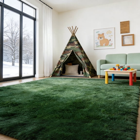 LUOVEN Soft Plush Shag Area Rug, 9*12 Fluffy Indoor Floor Carpet for Living Room Bedroom, Dark Green