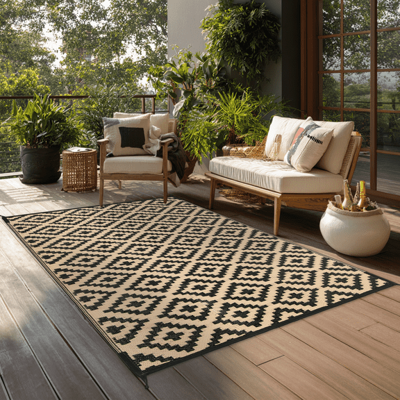LUOVEN Outdoor Waterproof Rug Reversible 4x6 Plastic Straw Rug for Patio, RV, Camping, Deck, Backyard, Porch, Balcony, Black & Beige