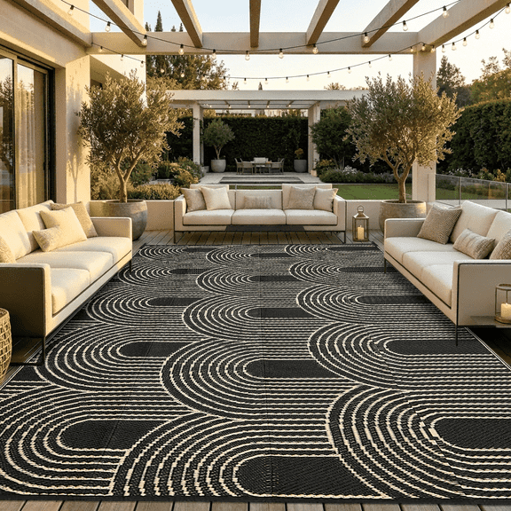 LUOVEN Reversible 9x12 Outdoor Waterproof Rug Plastic Straw Patio Carpet for RV, Camping, Beach, Deck, Porch, Black