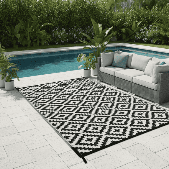 LUOVEN Reversible Outdoor Rug Waterproof 5x8 Plastic Straw Patio Carpet for RV, Camping, Deck, Beach, Backyard, Porch, Indoor Outdoor, Black & White
