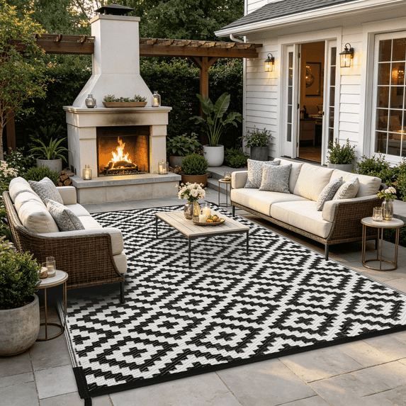 LUOVEN Reversible Outdoor Rug Waterproof 6x9 Plastic Straw Patio Carpet for RV, Camping, Deck, Beach, Backyard, Porch, Indoor Outdoor, Black & White