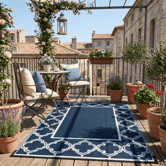 LUOVEN Reversible Waterproof Outdoor Rug 4x6 Plastic Straw Patio Mat for RV, Camping, Beach, Deck, Backyard, Porch, Blue & White