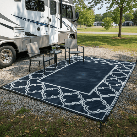 LUOVEN Reversible Waterproof Outdoor Rug 5x8 Plastic Straw Patio Mat for RV, Camping, Beach, Deck, Backyard, Porch, Blue & White