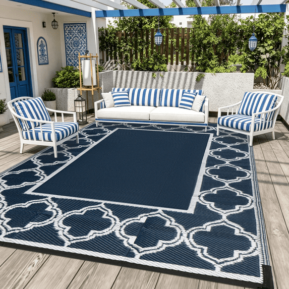 LUOVEN Reversible Waterproof Outdoor Rug 8x10 Plastic Straw Patio Mat for RV, Camping, Beach, Deck, Backyard, Porch, Blue & White