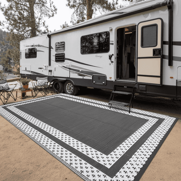 LUOVEN Waterproof Outdoor Rug, 9x12 Reversible Plastic Straw Rug for Patio, Deck, RV, Camping, Porch, Backyard, Indoor Outdoor Decor, Grey
