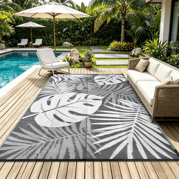 LUOVEN Waterproof Reversible Outdoor Rug 5x8 Plastic Straw Patio Rug for RV, Camping, Deck, Garden, Backyard, Porch, Gray & White