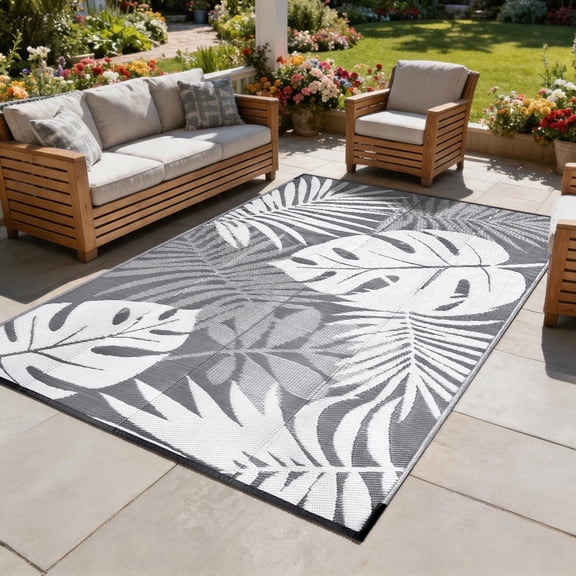 LUOVEN Waterproof Reversible Outdoor Rug 5x8 Plastic Straw Patio Rug for RV, Camping, Deck, Garden, Backyard, Porch, Gray & White