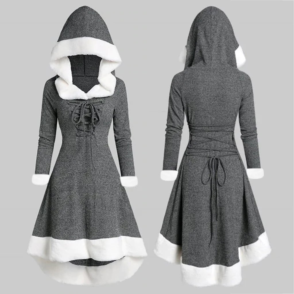 hooded lace up faux fur panel marled asymmetrical dress LUOWEI Women's Vintage Long Sleeve Christmas Backless Bra Body Shaper juneflashsale6/22-dress SIZE:3XL Silver Velour with Gray