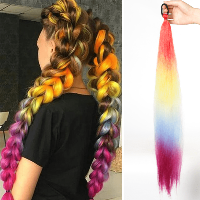 LUPU Synthetic Ponytail Extension with Elastic Tie Hair Band 26" Long Straight Colored Braiding Ponytail Ombre Pink Purple Blue
