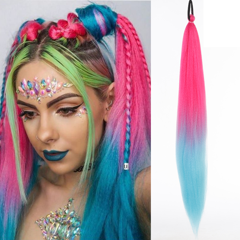 LUPU Synthetic Ponytail Extension with Elastic Tie Hair Band 26" Long Straight Colored Braiding Ponytail Ombre Pink Purple Blue