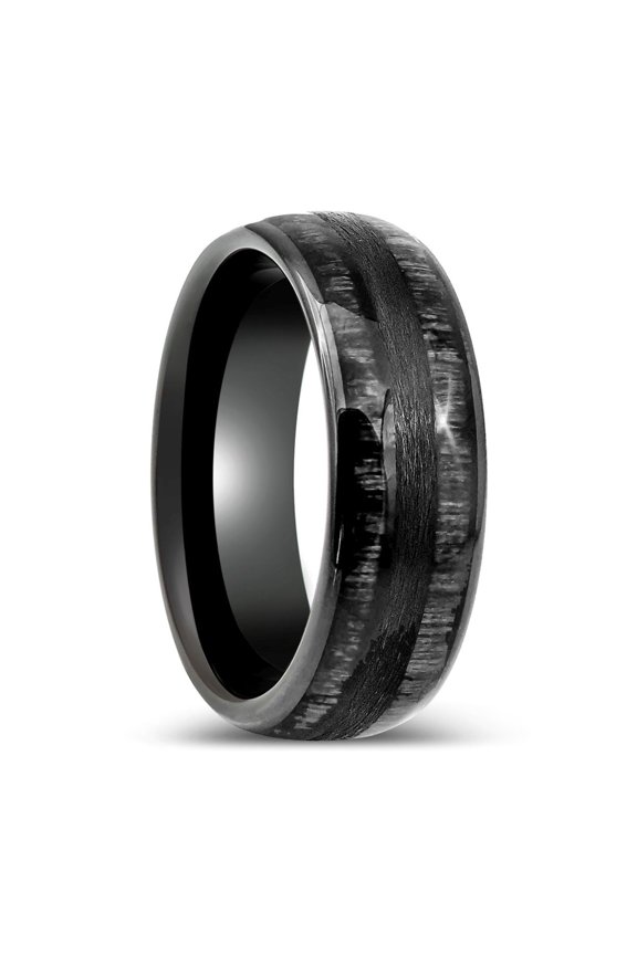 LUQUE | Black Tungsten Ring, Charcoal Wood Inlay, Domed