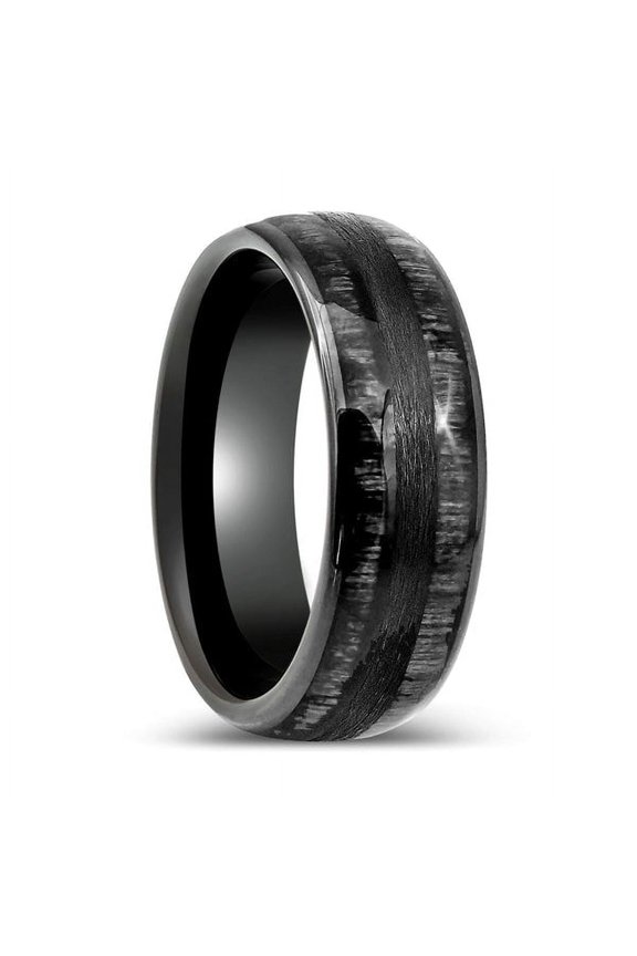 LUQUE | Black Tungsten Ring, Charcoal Wood Inlay, Domed