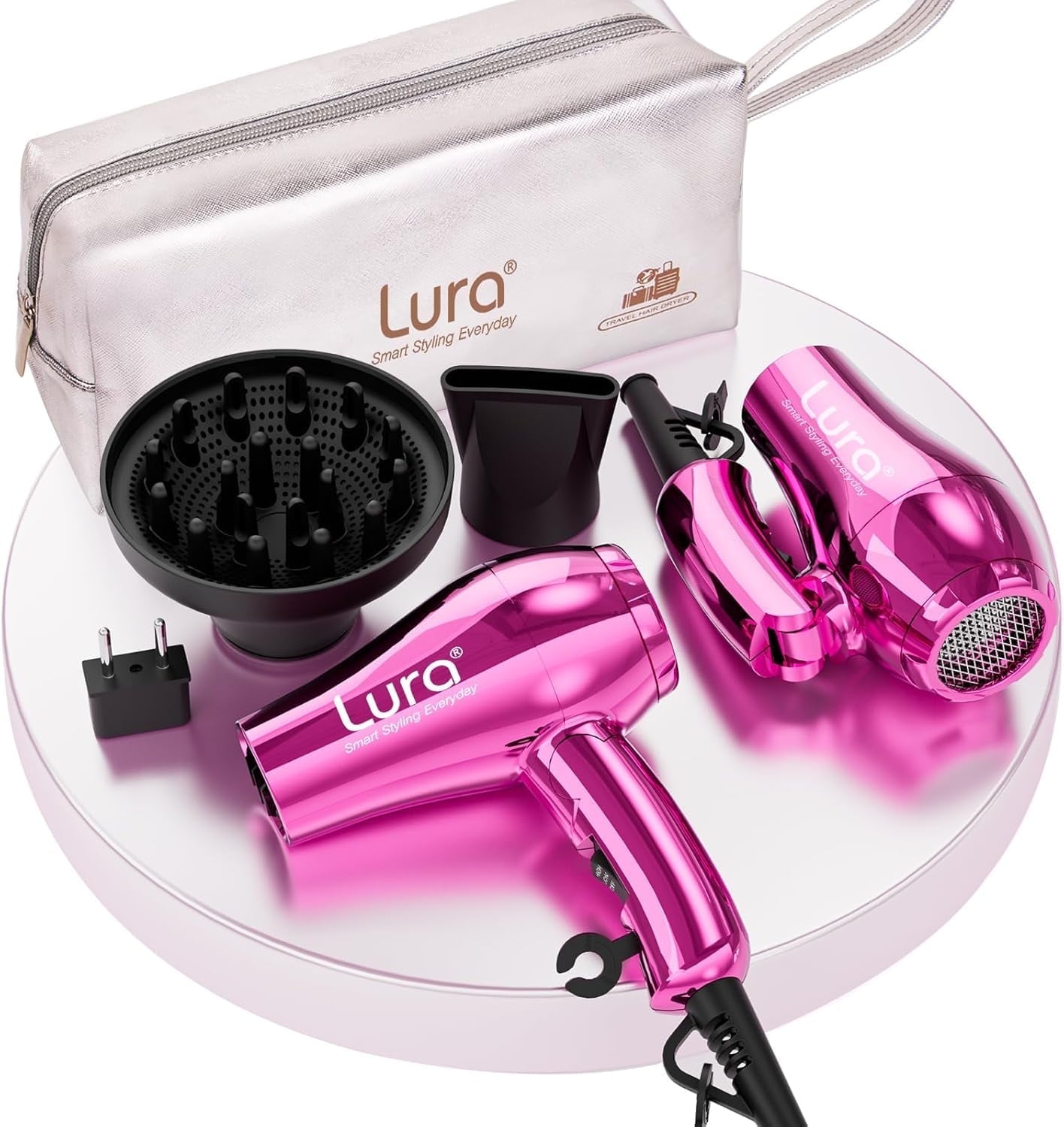LURA Portable Travel Hair Dryer Dual Voltage Small Lightweight Foldable Blow Dryer with EU Plug,1200W Compact Hairdryer with Concentrator&Diffuser