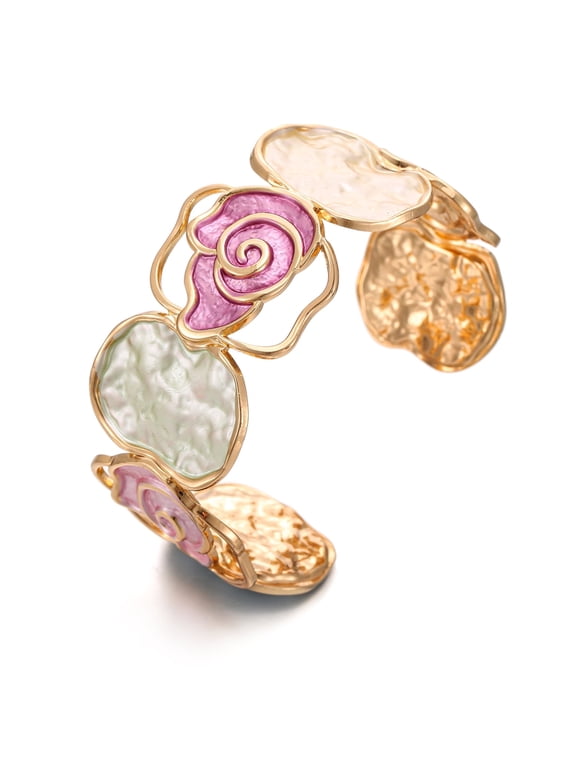 Gold Rose Cuff Bracelet for Women - Open-End Colorful Enamel Flower Stretch Bangle, Adjustable Vintage Jewelry (bl003607-1)