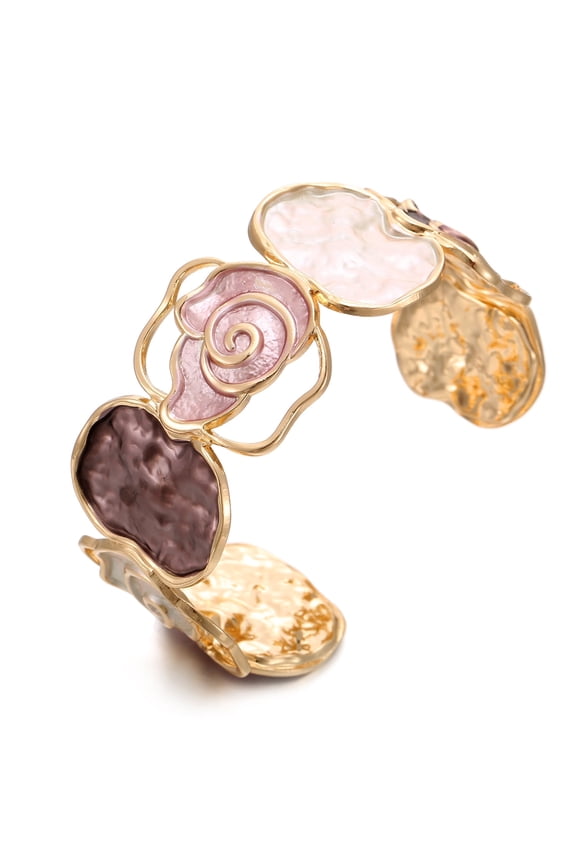 Gold Rose Cuff Bracelet for Women - Open-End Colorful Enamel Flower Stretch Bangle, Adjustable Vintage Jewelry (bl003607-2)