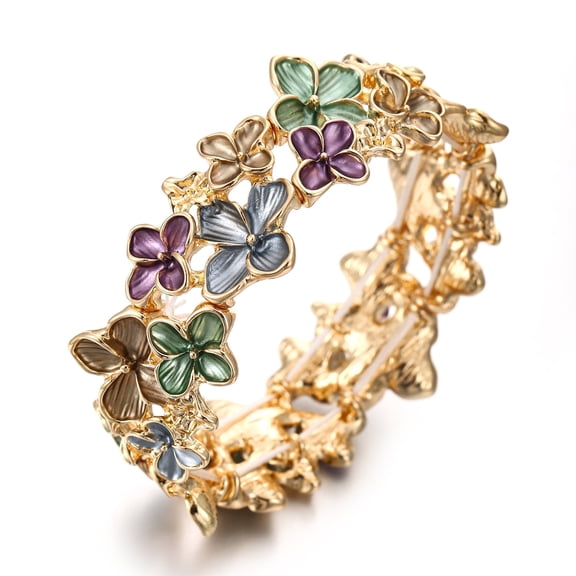 LUREME Gold Sakura Floral Bracelet for Women - Colorful Enamel Flower Stretch Bangle, Adjustable Elastic Cuff (bl003608-3)