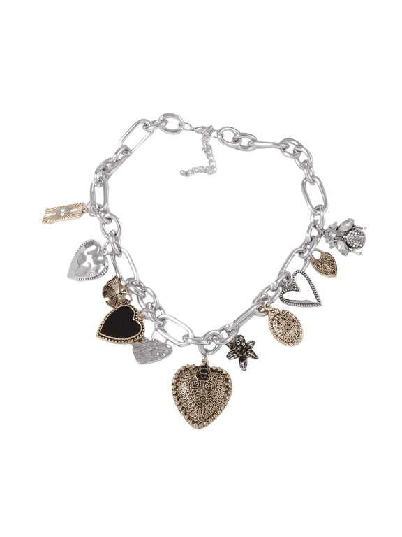 Vintage Chunky Chain Choker Necklace – Zircon & Crystal Heart/Butterfly/Flower Charm Necklace for Women (nl006365-2)